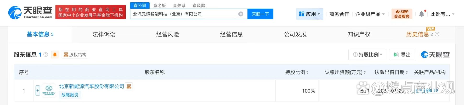 【#北汽新能源成立元境智能科技公司# 注册资本500万】